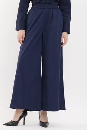 solid flared fit cotton women's casual wear trousers - navy