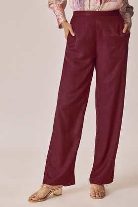 solid flared fit polyester women's casual wear pants - red