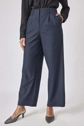 solid flared fit polyester women's casual wear trousers - blue