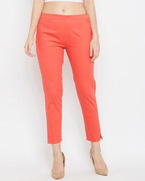 solid flat-front ankle-length trousers