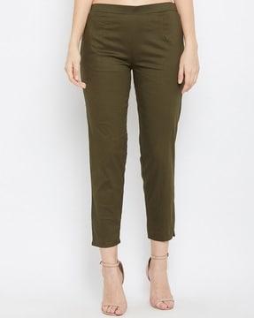 solid flat-front ankle-length trousers