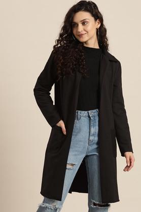 solid fleece collar neck women's jacket - black