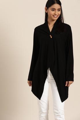 solid fleece v neck womens jacket - black