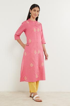 solid flex round neck women's kurta - pink