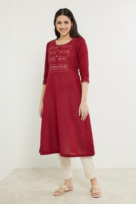 solid flex round neck women's kurta - red