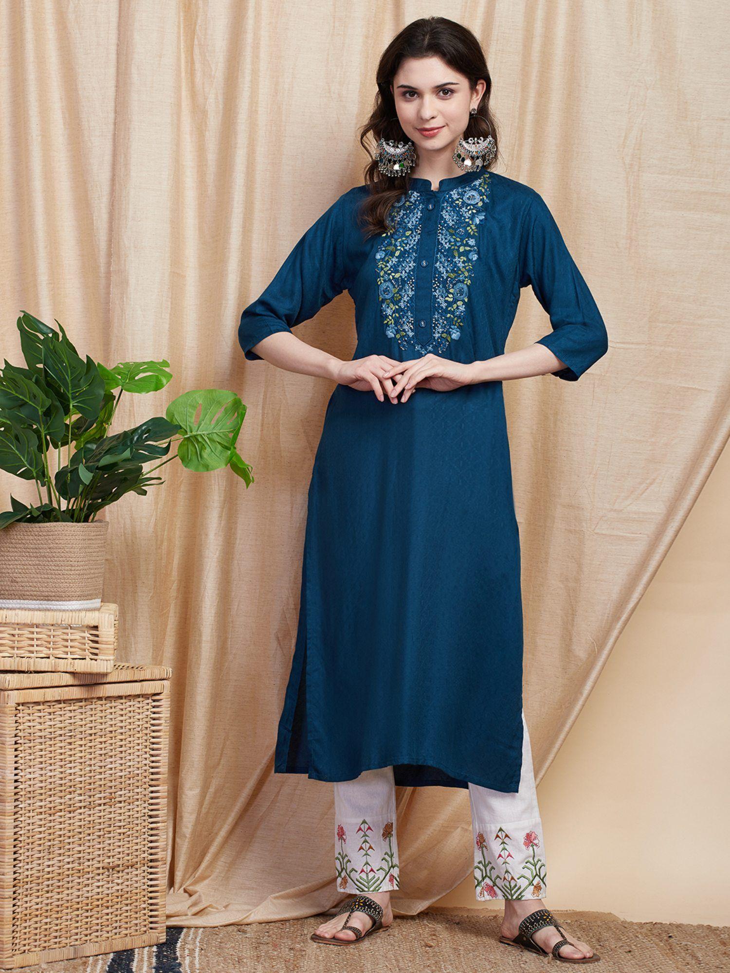 solid floral hand embroidered kurta - teal