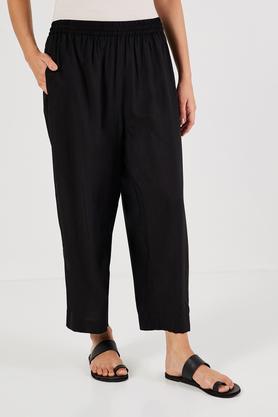 solid full length blended fabric women's palazzos - black