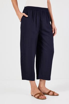 solid full length blended fabric women's palazzos - indigo