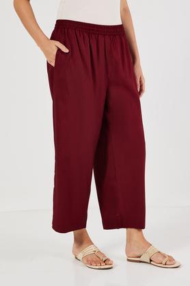 solid full length blended fabric women's palazzos - maroon