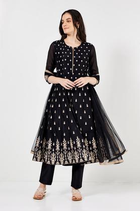 solid full length chanderi woven women's flared kurta pant dupatta set - black