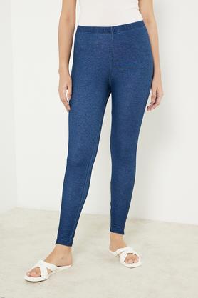 solid full length cotton blend women's legging - denim blue