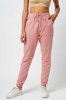 solid full length cotton blend women's treggings - baby pink
