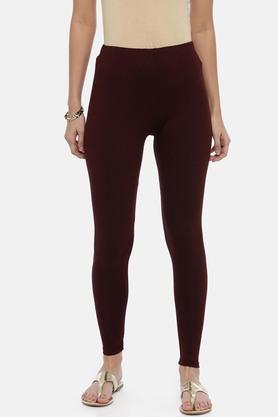 solid full length cotton lycra knit womens leggings - chocolate