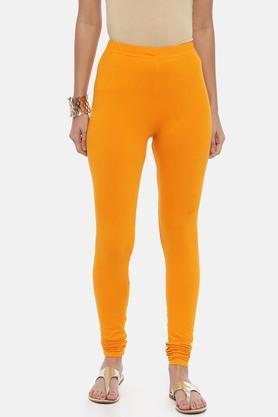 solid full length cotton lycra knit womens leggings - mustard