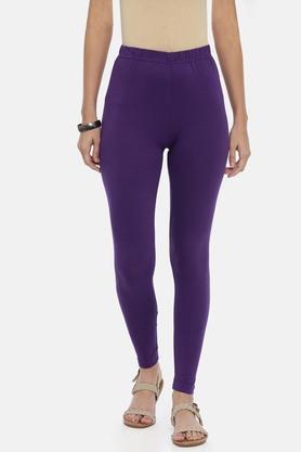 solid full length cotton lycra knit womens leggings - violet