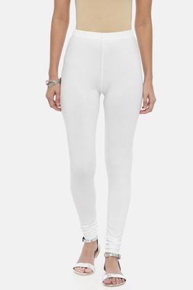 solid full length cotton lycra knit womens leggings - white