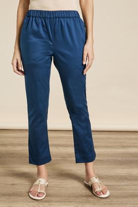 solid full length cotton lycra womens pants - denim blue