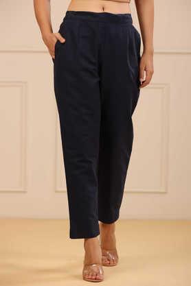 solid full length cotton women's pants - navy