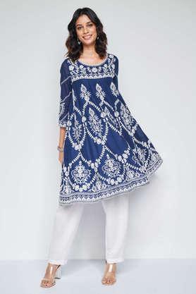 solid full length cotton woven women's kurta pant set - navy