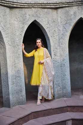 solid full length cotton woven women's kurta set - yellow