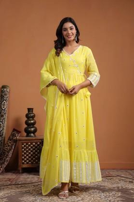 solid full length cotton woven women's kurta set - yellow