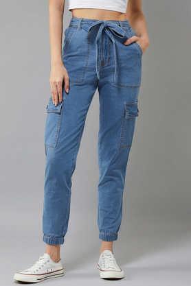 solid full length denim women's jogger - blue