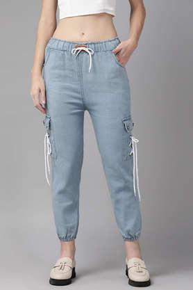 solid full length denim women's joggers - blue