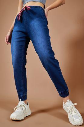 solid full length denim women's joggers - navy