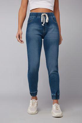 solid full length denim women's joggers - navy