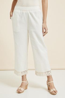 solid full length flex woven womens palazzo - off white