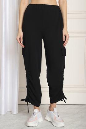 solid full length polyester women's joggers - black