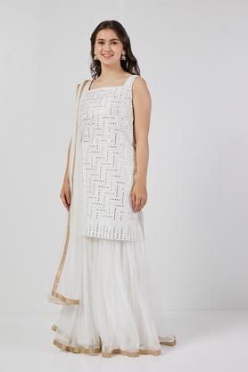 solid full length polyester woven women's flared kurta sharara dupatta set - off white