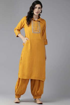 solid full length rayon knitted women's kurta set - yellow
