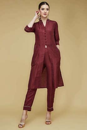 solid full length rayon women's kurta set - maroon