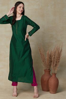 solid full length silk woven women's kurta set - green