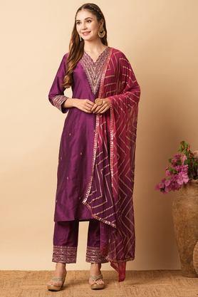 solid full length silk woven women's kurta set - violet