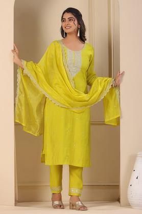 solid full length silk woven women's kurta set - yellow