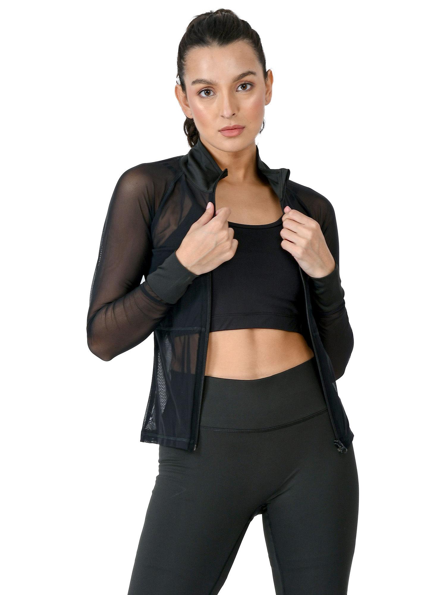 solid full sleeves black mesh zipper jacket