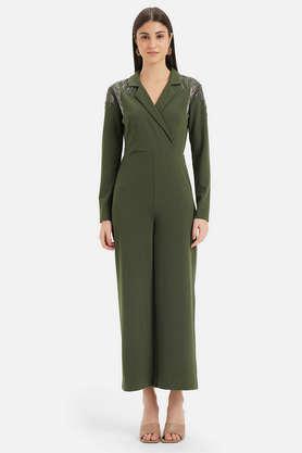 solid full sleeves polyester women's ankle length jumpsuit - olive