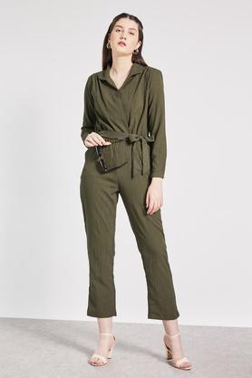 solid full sleeves polyester women's full length jumpsuit - green