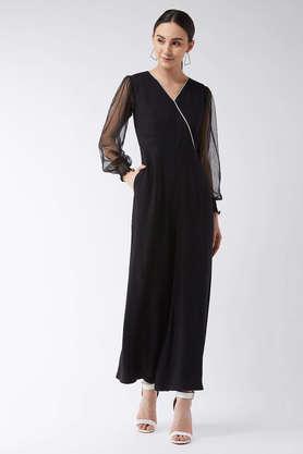 solid full sleeves rayon women's ankle length jumpsuit - black