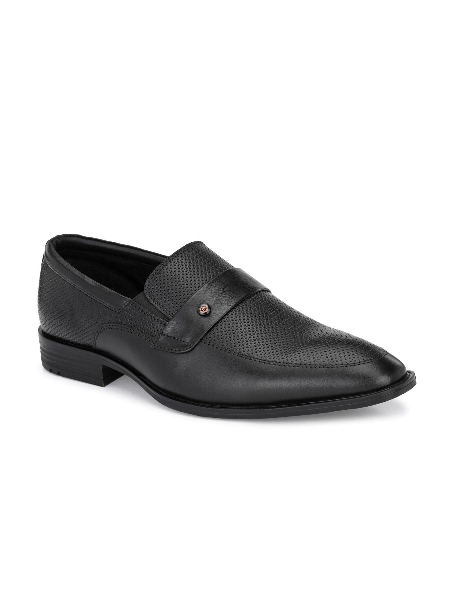 solid genuine leather black slip on formal shoes for men