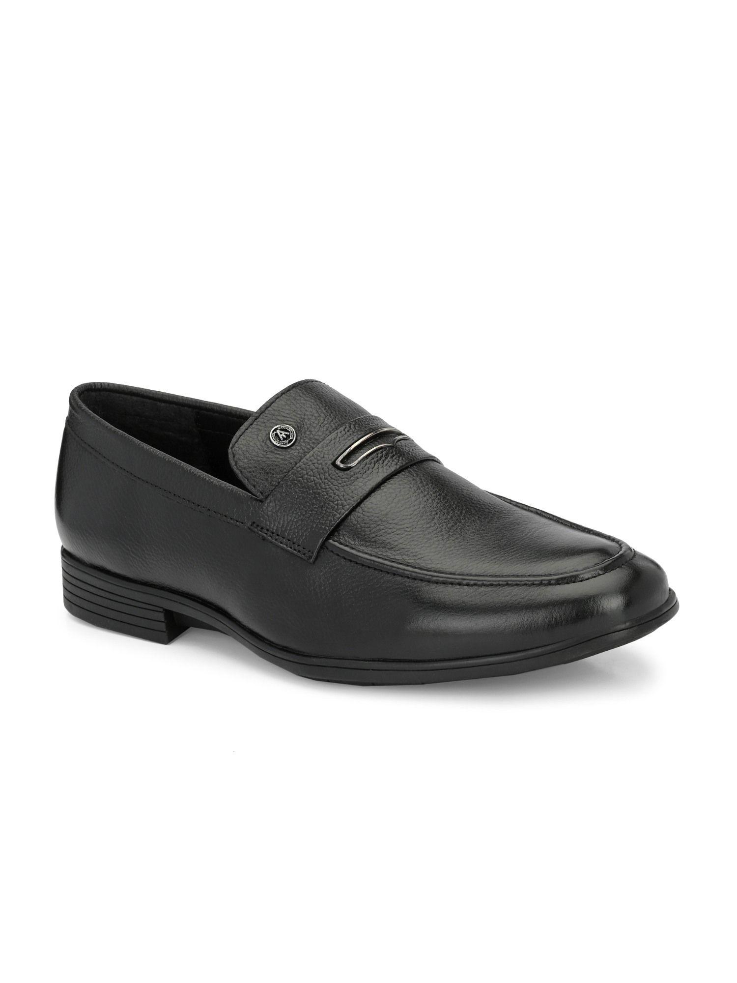 solid genuine leather black slip on formal shoes for men