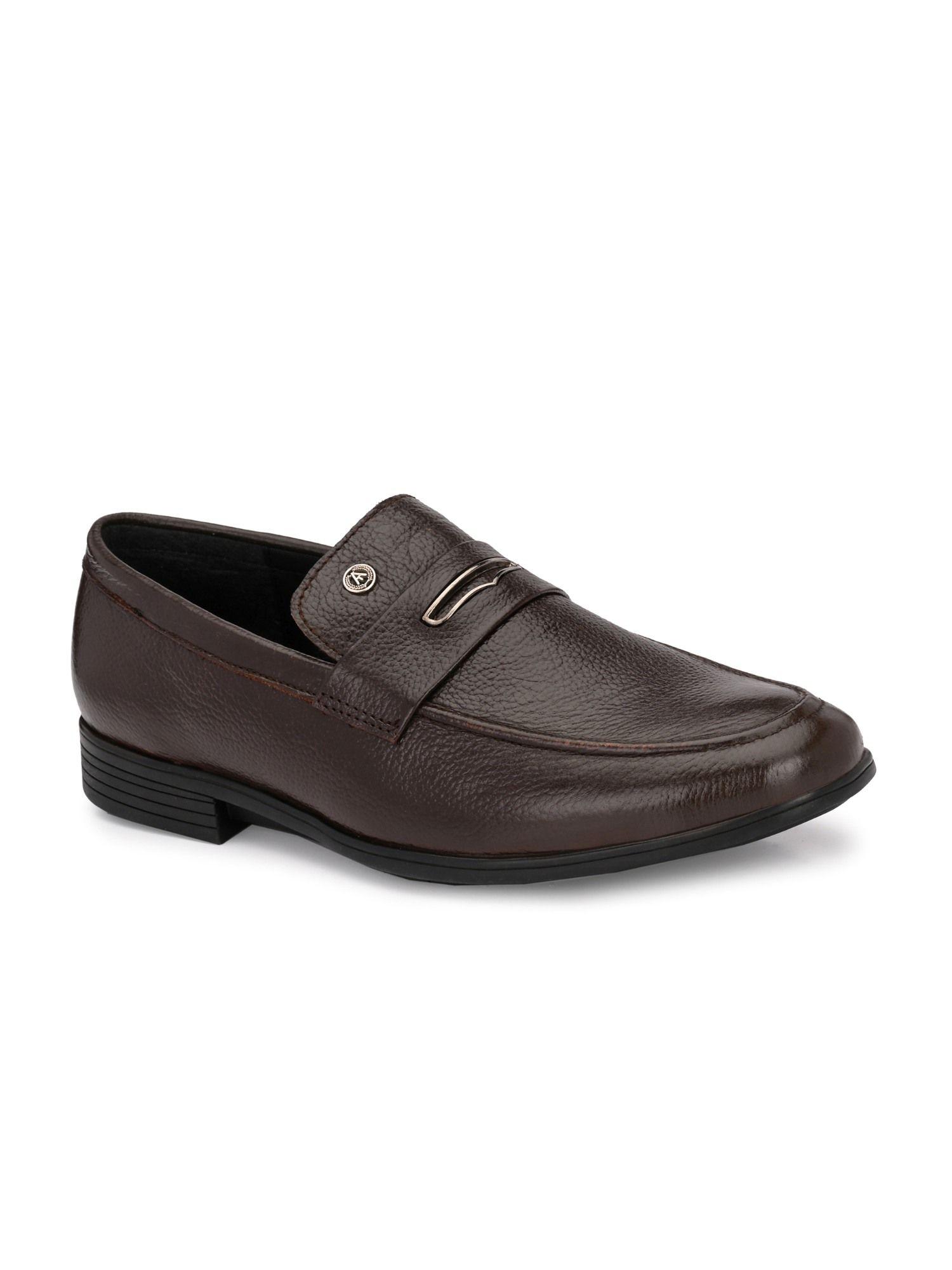 solid genuine leather brown slip on formal shoes for men