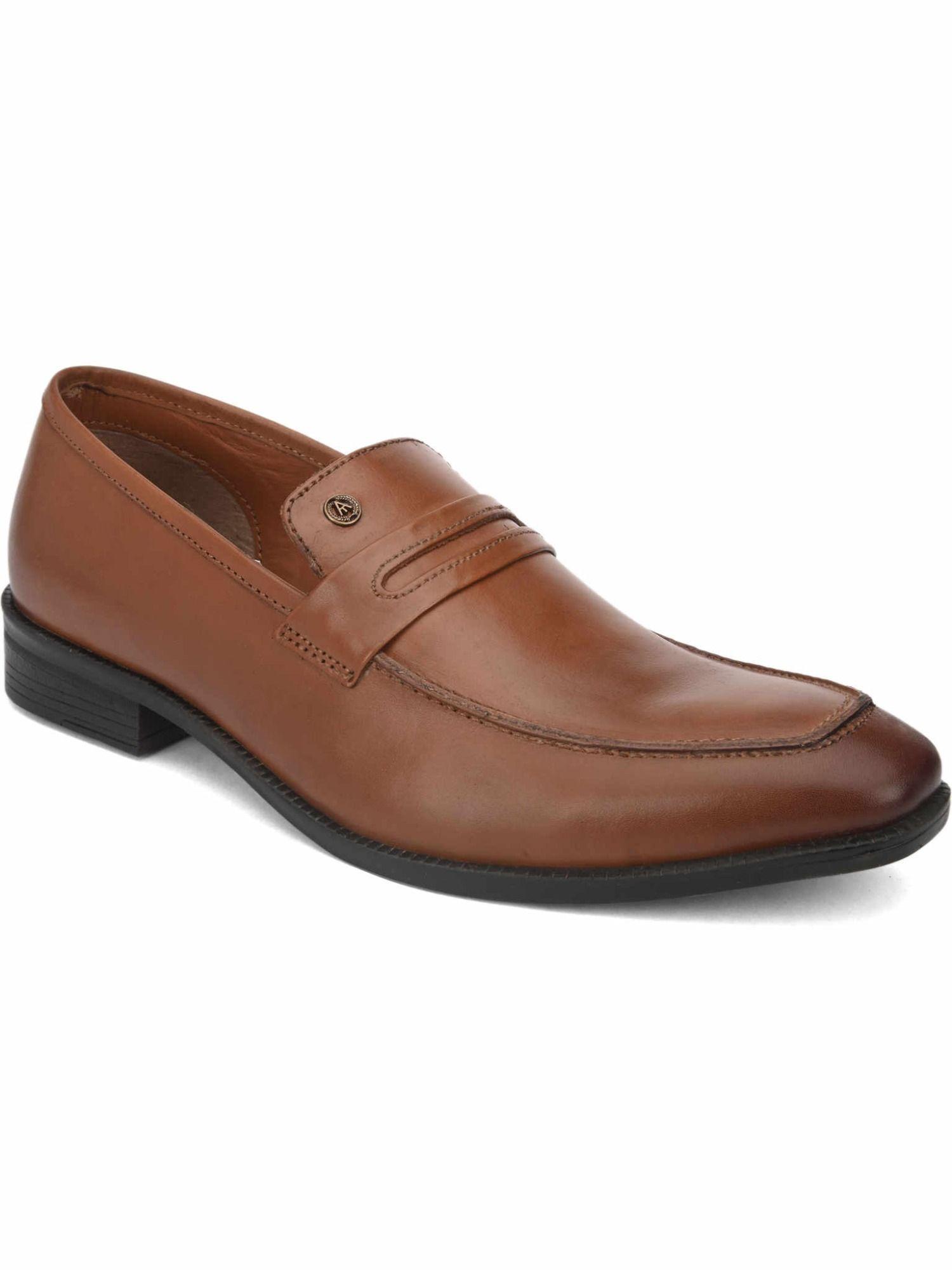 solid genuine leather tan brown office- dress formal slip on shoes