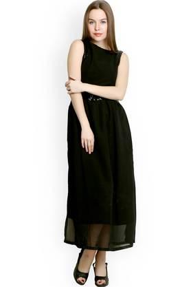 solid georgette boat neck women's knee length dress - black