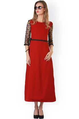 solid georgette boat neck women's knee length dress - red