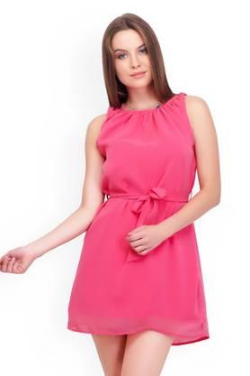 solid georgette boat neck women's mini dress - pink