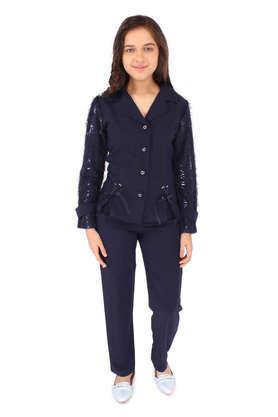 solid georgette collar neck giri's casual wear clothing set - navy