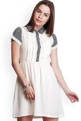 solid georgette collared women's knee length dress - white